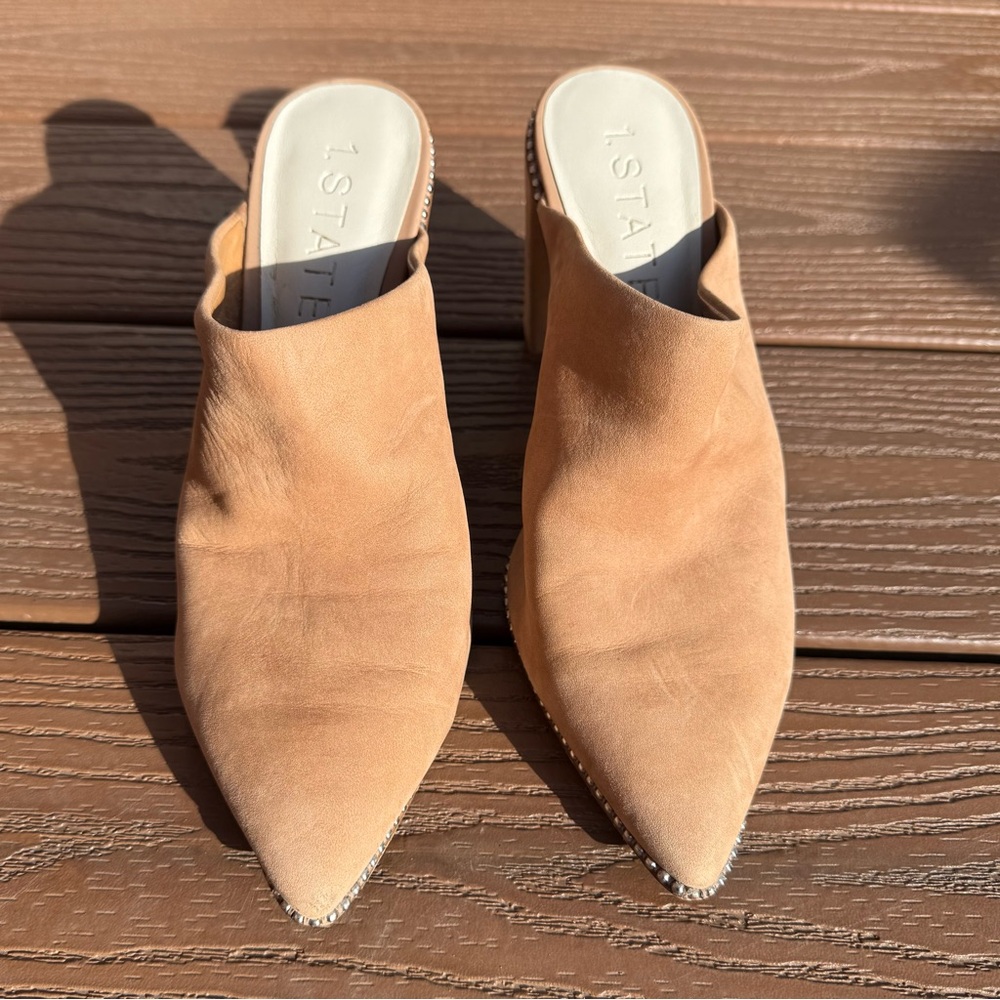 1.STATE Tan Suede Studded Mules | Size 7.5M
